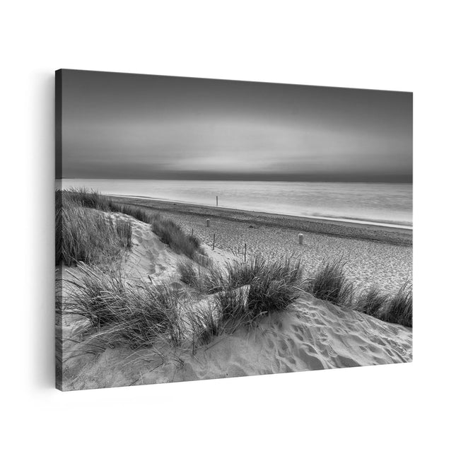 Canvas schilderij vooraanzicht Strand en Zee vanuit de Duinen - Zwart Wit