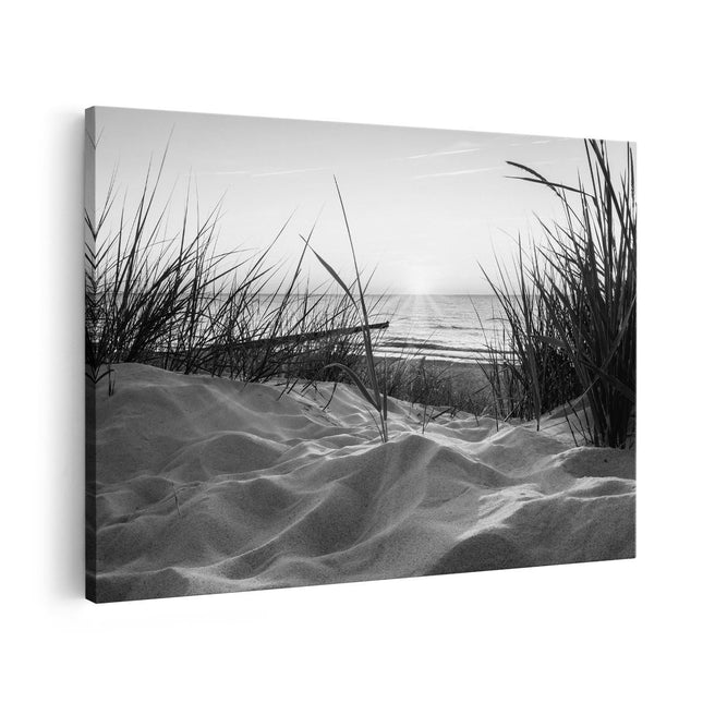 Canvas schilderij vooraanzicht Duinen met Strand en Zee - Zwart Wit