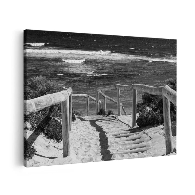 Canvas schilderij vooraanzicht Voetpad in Duinen met Ruige Zee - Zwart Wit