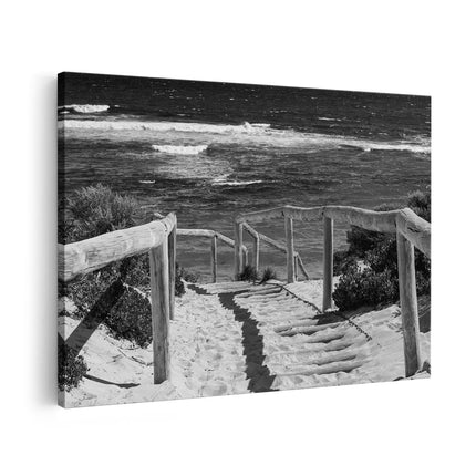 Canvas schilderij vooraanzicht Voetpad in Duinen met Ruige Zee - Zwart Wit