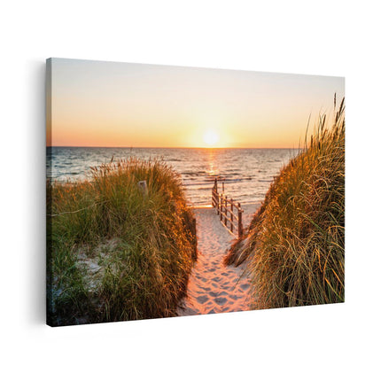 Canvas schilderij vooraanzicht Voetpad in de Duinen met Zonsondergang