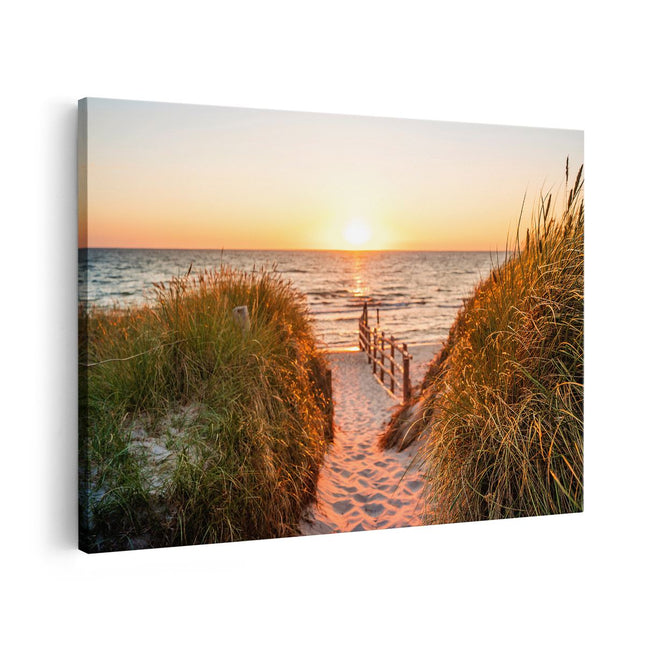 Canvas schilderij vooraanzicht Voetpad in de Duinen met Zonsondergang