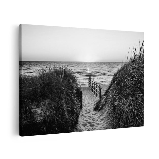 Canvas schilderij vooraanzicht Voetpad in de Duinen met Zonsondergang - Zwart Wit