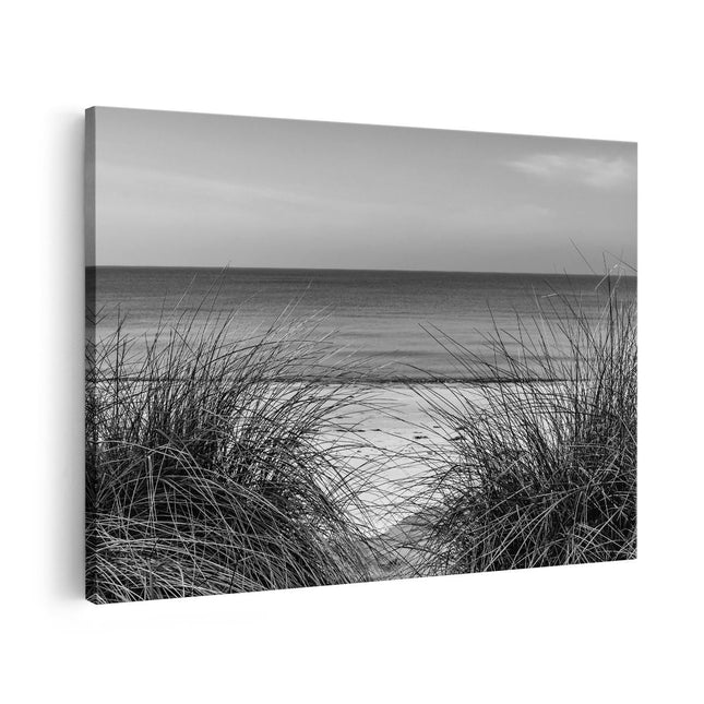 Canvas schilderij vooraanzicht Strand en Zee vanuit de Duinen - Zwart Wit