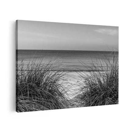 Canvas schilderij vooraanzicht Strand en Zee vanuit de Duinen - Zwart Wit