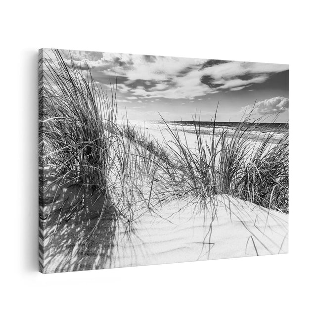 Canvas schilderij vooraanzicht Strand en Zee vanuit de Duinen - Zwart Wit