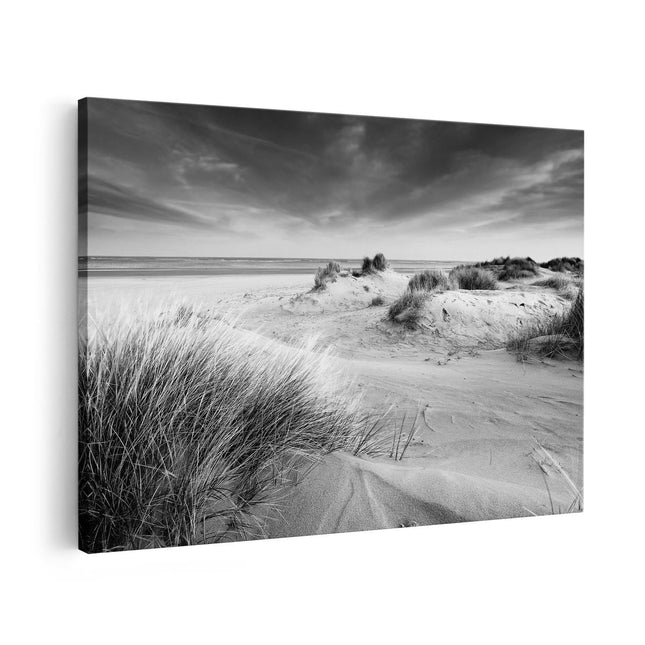 Canvas schilderij vooraanzicht Groot Strand met Zee - Zwart Wit