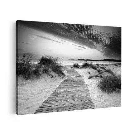 Canvas schilderij vooraanzicht Voetpad naar het Strand en de Zee - Zwart Wit