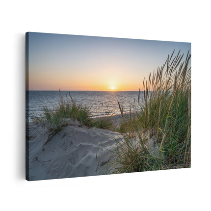 Canvas schilderij vooraanzicht Strand en Zee vanuit de Duinen met Zonsondergang