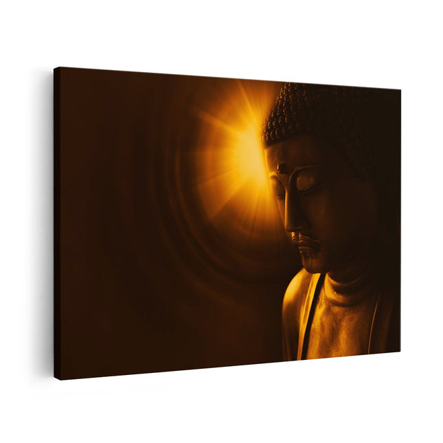 Canvas schilderij vooraanzicht Boeddha Beeld met Gouden Zon