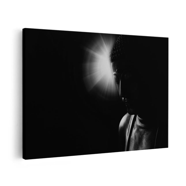 Canvas schilderij vooraanzicht Boeddha Beeld met Gouden Zon - Zwart Wit