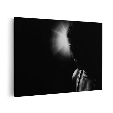 Canvas schilderij vooraanzicht Boeddha Beeld met Gouden Zon - Zwart Wit