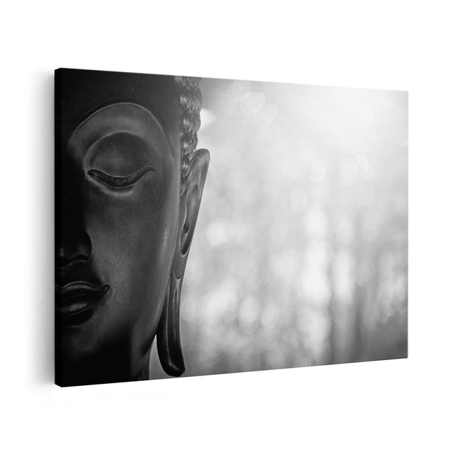 Canvas schilderij vooraanzicht Boeddha Beeld met Zon - Zwart Wit