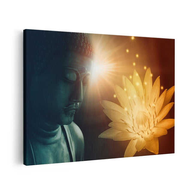 Canvas schilderij vooraanzicht Boeddha Beeld met Bloem