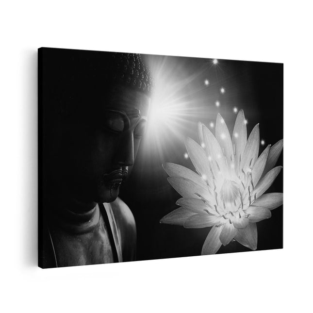 Canvas schilderij vooraanzicht Boeddha Beeld met Bloem - Zwart Wit