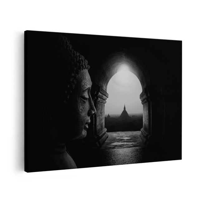 Canvas schilderij vooraanzicht Boeddha met Mooi Uitzicht - Zwart Wit