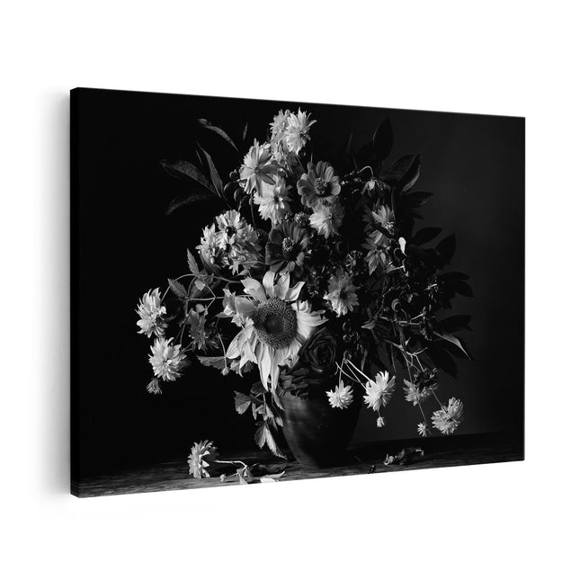 Canvas schilderij vooraanzicht Vaas met Verschillende Bloemen - Zwart Wit