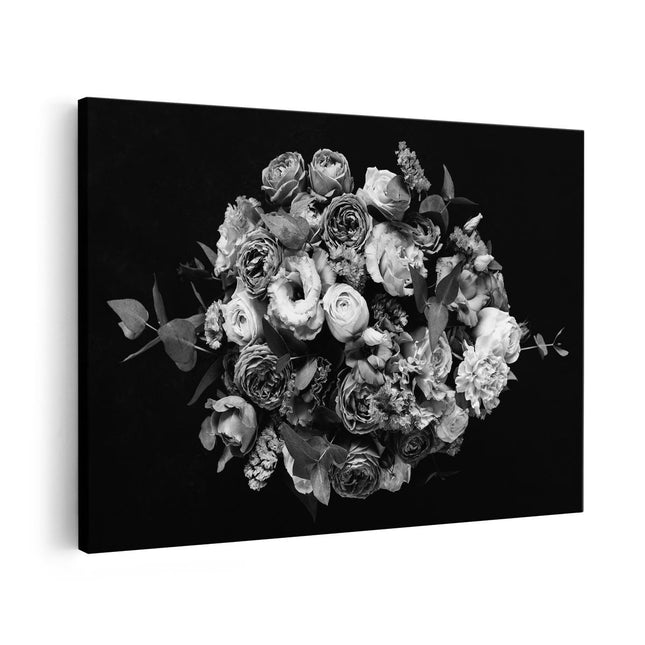 Canvas schilderij vooraanzicht Boeket met Verschillende Bloemen - Zwart Wit