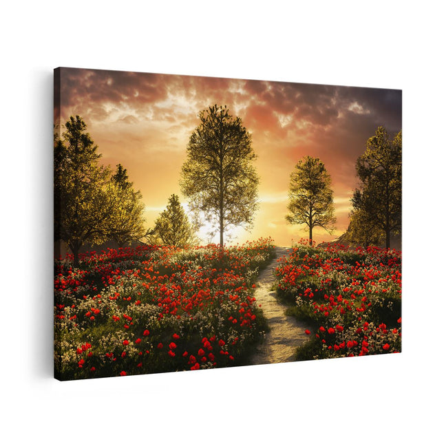 Canvas schilderij vooraanzicht Mooi Landschap met Rode Bloemen en Zonsondergang