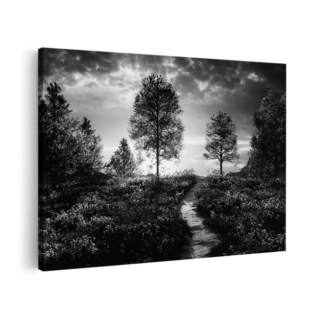 Canvas schilderij vooraanzicht Mooi Landschap met Rode Bloemen en Zonsondergang - Zwart Wit