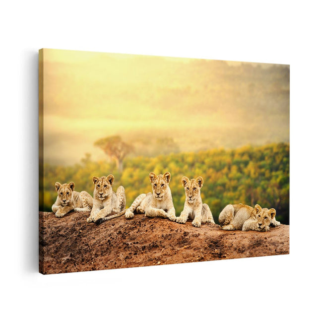 Canvas schilderij vooraanzicht Groep Welpen in het Wild - Baby Leeuwen