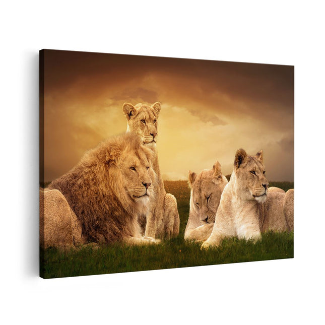 Canvas schilderij vooraanzicht Leeuwen Familie in Afrika - Leeuw