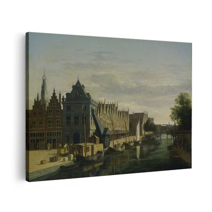 Canvas schilderij vooraanzicht De Waag en de Kraan aan het Spaarne te Haarlem - Gerrit Adriaensz Berckheyde