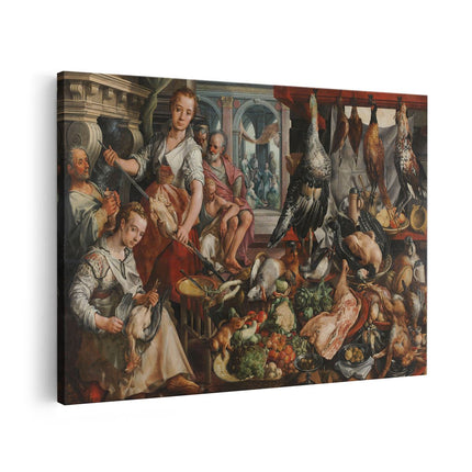 Canvas schilderij vooraanzicht De Welvoorziene Keuken - Joachim Bueckelaer