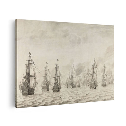 Canvas schilderij vooraanzicht De Zeeslag tegen de Spanjaarden bij Duinkerken - Willem van de Velde