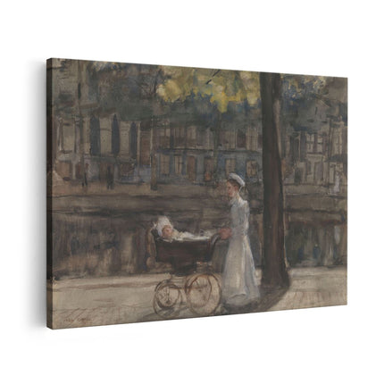Canvas schilderij vooraanzicht Dienstmeisje met Kinderwagen op de Keizersgracht - Isaac Israels