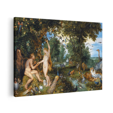 Canvas schilderij vooraanzicht Het Aardse Paradijs met de Zondeval van Adam en Eva - Jan Brueghel