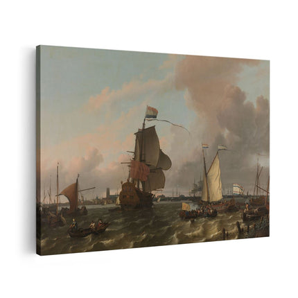 Canvas schilderij vooraanzicht Het Oorlogsschip Brielle op de Maas voor Rotterdam - Ludolf Bakhuysen