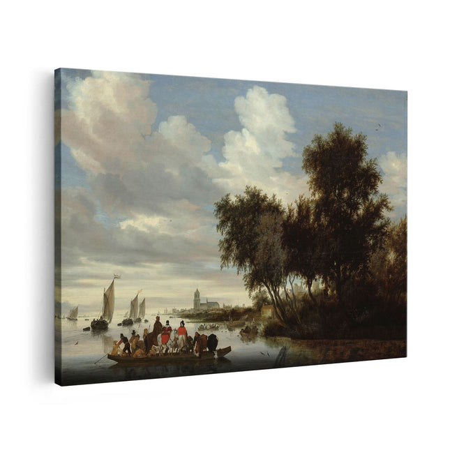 Canvas schilderij vooraanzicht Rivierlandschap met een Veerboot - Salomon van Ruysdael