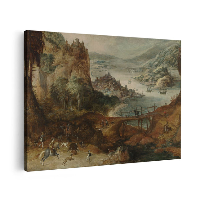Canvas schilderij vooraanzicht Rivierlandschap met Everzwijnjacht - Joos de Momper