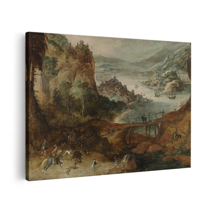 Canvas schilderij vooraanzicht Rivierlandschap met Everzwijnjacht - Joos de Momper