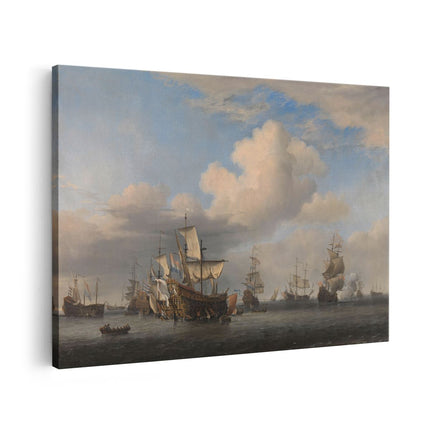 Canvas schilderij vooraanzicht Veroverde Engelse Schepen na de Vierdaagse Zeeslag - Willem van de Velde
