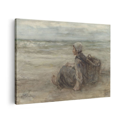 Canvas schilderij vooraanzicht Vissersmeisje op het Strand - Jozef Israëls