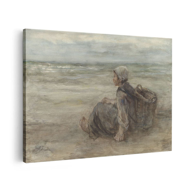 Canvas schilderij vooraanzicht Vissersmeisje op het Strand - Jozef Israëls