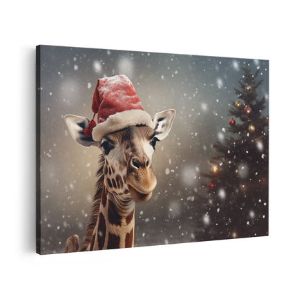 Canvas schilderij vooraanzicht Giraffe met een Kerstmuts - Kerstmis