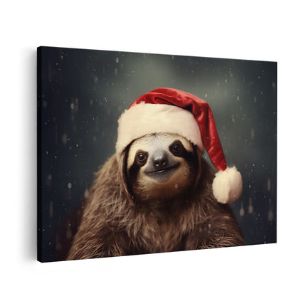 Canvas schilderij vooraanzicht Luiaard met een Kerstmuts - Kerstmis - Kerst