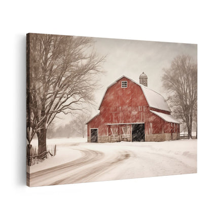 Canvas schilderij vooraanzicht Vintage Schuur in de Winter - Kerst