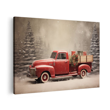 Canvas schilderij vooraanzicht Rode Pick-Up wagen - Kerst