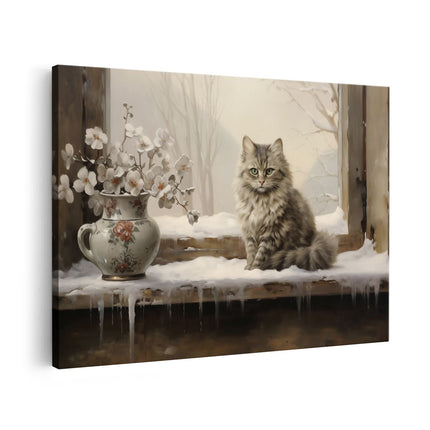 Canvas schilderij vooraanzicht Kat bij het Raam in de Winter - Kerst