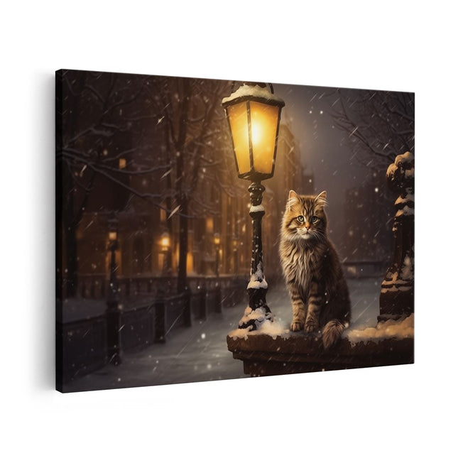 Canvas schilderij vooraanzicht Kat bij een Lantaarnpaal in de Winter
