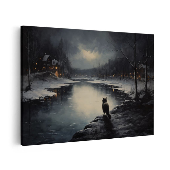 Canvas schilderij vooraanzicht Kat tijdens een Donkere Winter Nacht