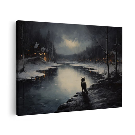 Canvas schilderij vooraanzicht Kat tijdens een Donkere Winter Nacht