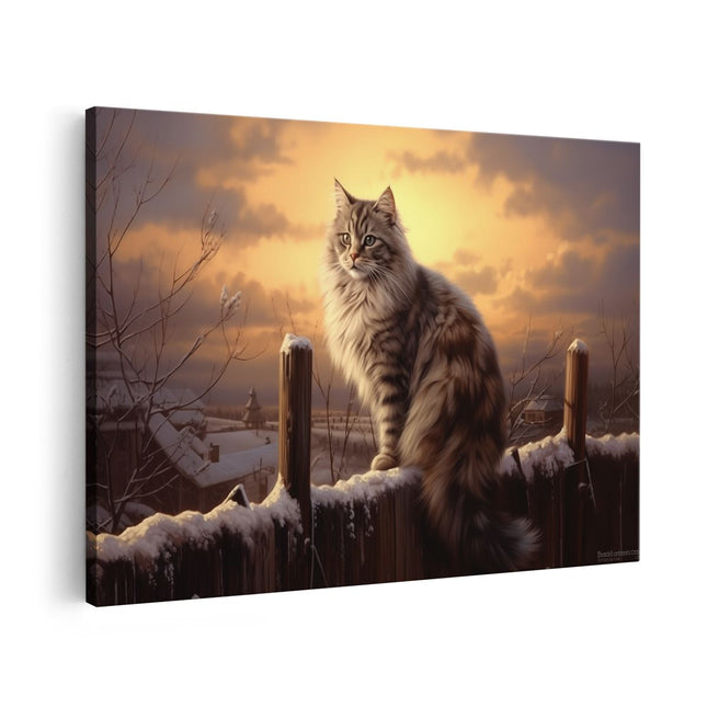 Canvas schilderij vooraanzicht Kat in de Winter op een Hek