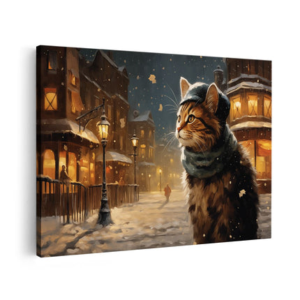 Canvas schilderij vooraanzicht Kat met een Sjaal in de Winter