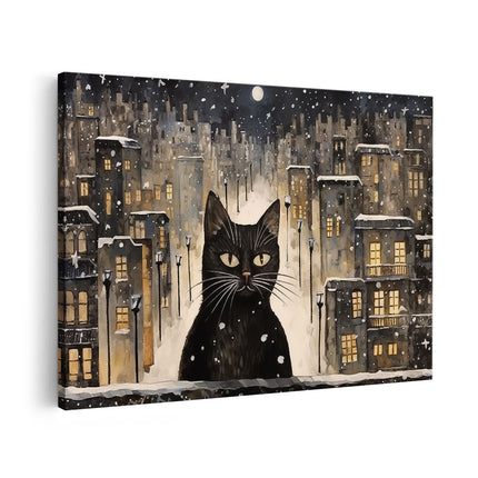 Canvas schilderij vooraanzicht Zwarte Kat in de Winter