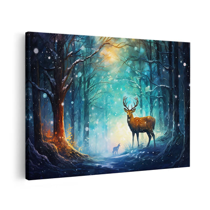 Canvas schilderij vooraanzicht Hert in het Bos - Winter - Kerst